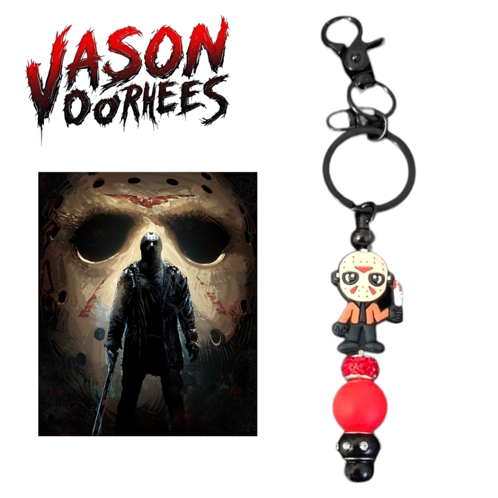 Jason Voorhees Keychain - Rhinestone Beaded In Red And Black. Gift Box Included